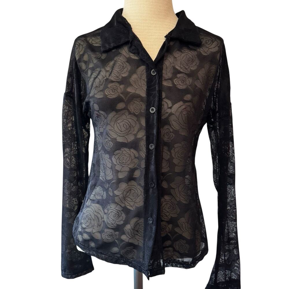 Sheer Black Rose Top Womens S/M Whimsigoth Lace Dark Romantic Vamp Black Blouse